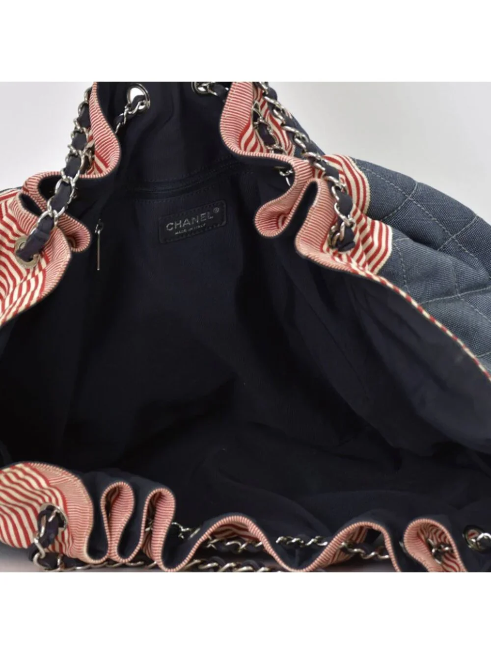 Chanel Coco Cabas GM Chain Tote Bag CC Logo Denim Canvas Stripe Silver